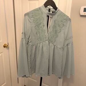 Three Hearts Mint Green Lace Choker Neck Babydoll Blouse Fairycore Coquette EUC
